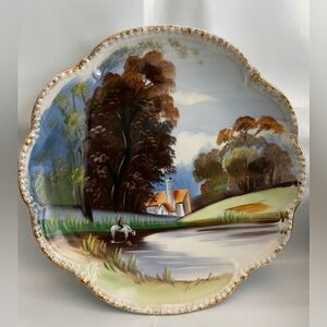 Ucagco Japanese painted ceramic plate Landscape Barn artist T. Aokia